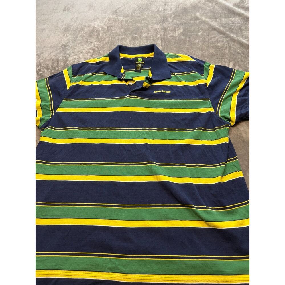 John Deere Striped Polo Shirt Men's Sz XL Blue Yellow Green Tractor Dealer Shirt